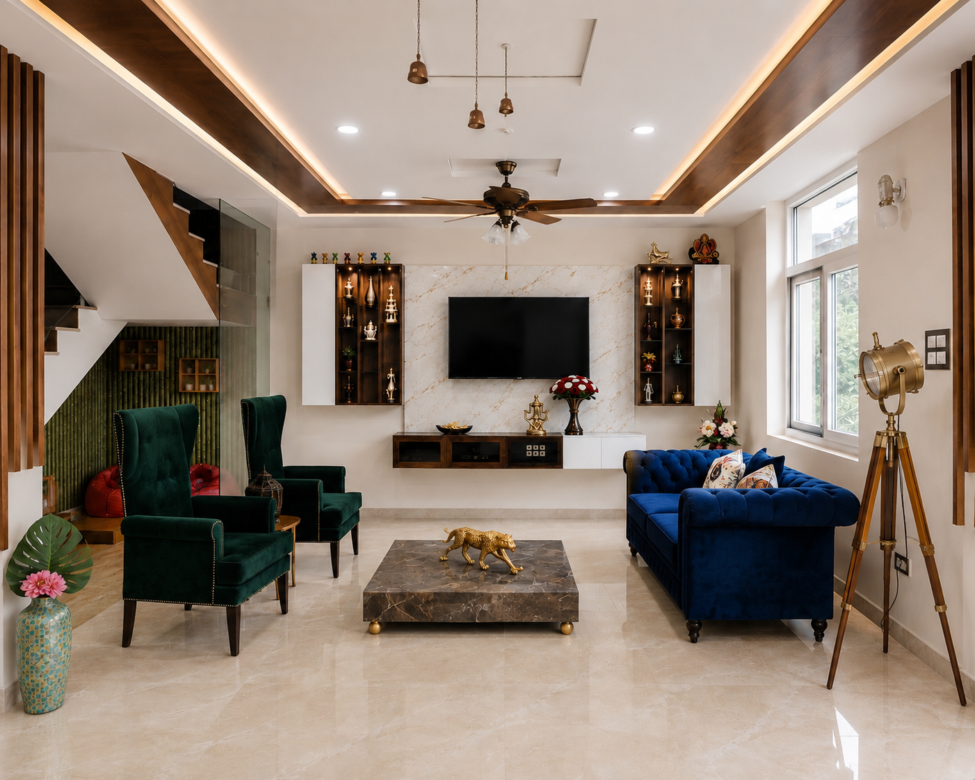 The matching completed living room with blue sofa and green armchairs