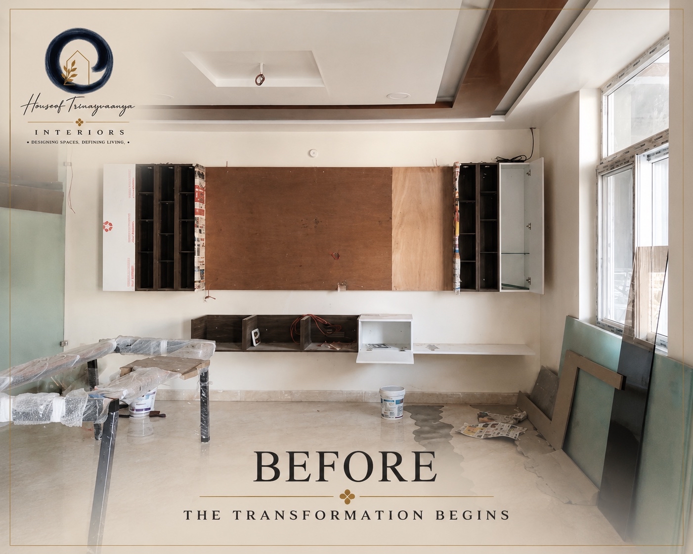 The original unfinished living room before work, with the same TV wall and windows