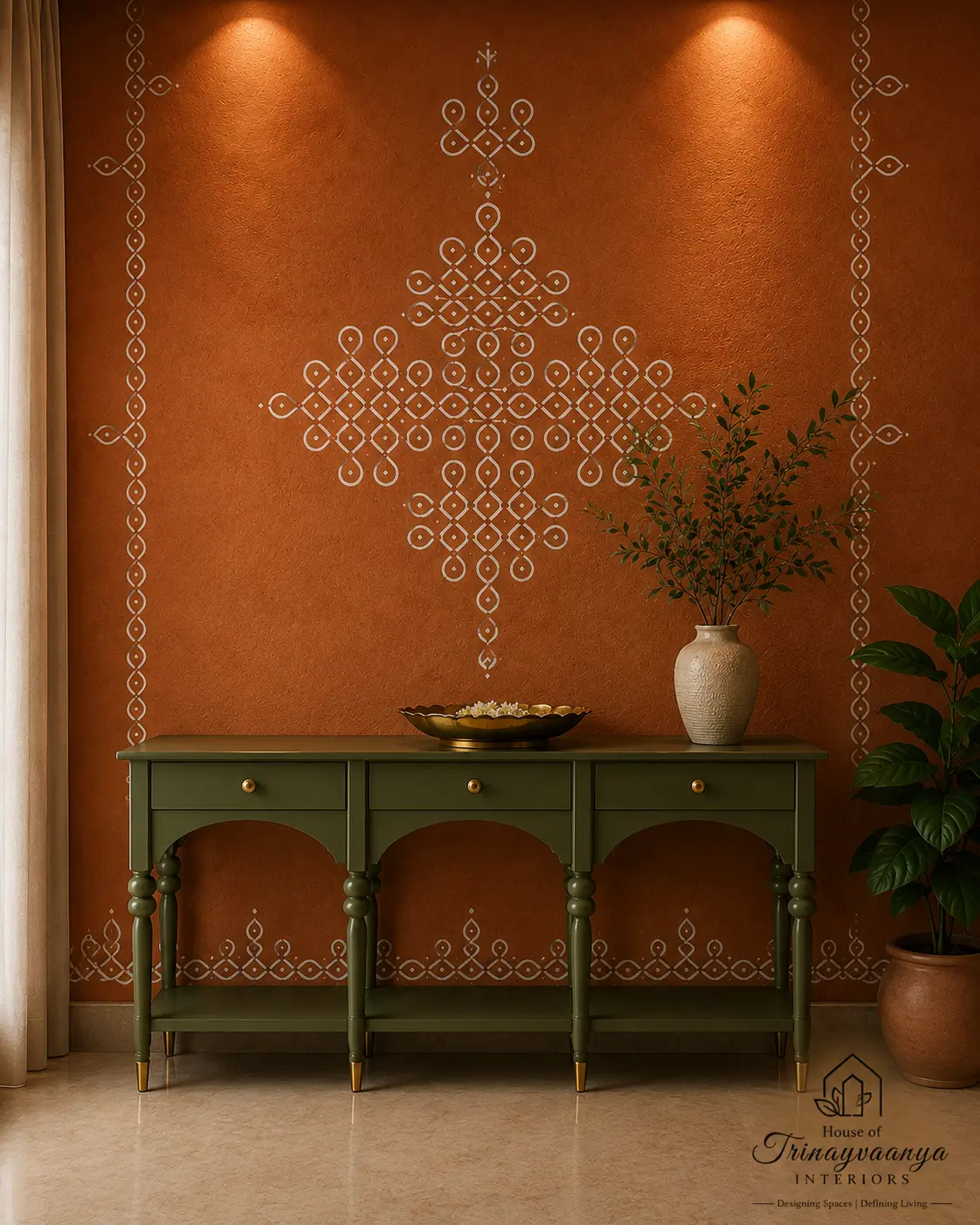 Terracotta kolam-pattern wall and olive-green console — design concept